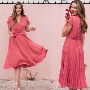 Gal Meets Glam Women Angelica Pleated Midi Dress 14 Pink Faux Wrap Shoulder Ties